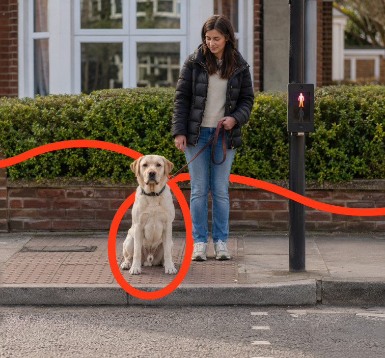 Labrador insurance hero image showing a woman and her yellow Labrador waiting at a crossing