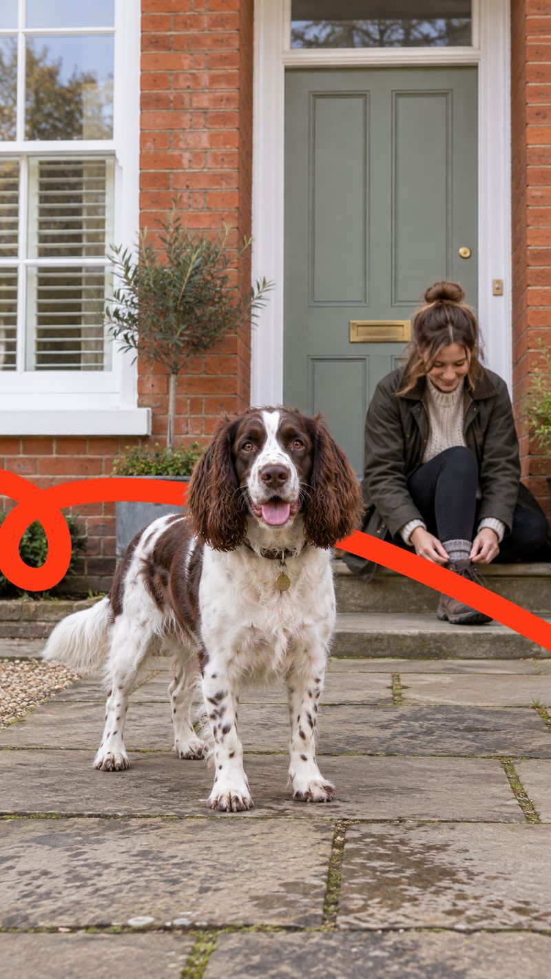 English Springer Spaniel insurance image showing an English Springer Spaniel on a garden path in front of a house, with its owner sitting on the doorstep